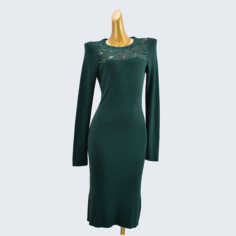 

Foreign Trade Order Computer Woven Flower Hollow out Long sleeve Knit sweater over the Knee Mid-Length Dress Solid Women Slim fit Sheath Green S