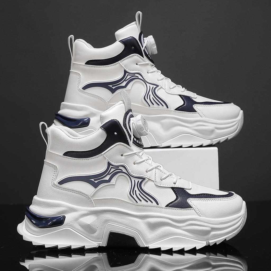 Leather High Top Sports Shoes Men's Autumn Winter New Style Student Color Block Trend Thick Bottom Heightening Dad Casual Shoes
