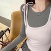 2KWEIRD Korean Woman T Shirts Fake Two Chic Tees Long Sleeve O-neck Ruffles Sweet Camisetas Bandage Casual Y2k T-shirts