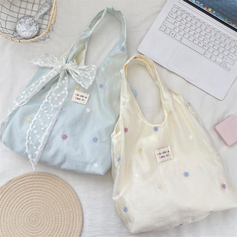 Bestickte Tragetasche Chiffon Unifarbene Blumen-Umhängetasche Große Kapazität Koreanischer Stil Leinwand-Achseltasche Für den Weg zur Arbeit