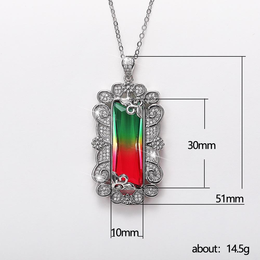Silver Plated Rectangle Gradient CZ Pendant Necklace, Ornate Floral Frame Cable Chain Necklace for Women
