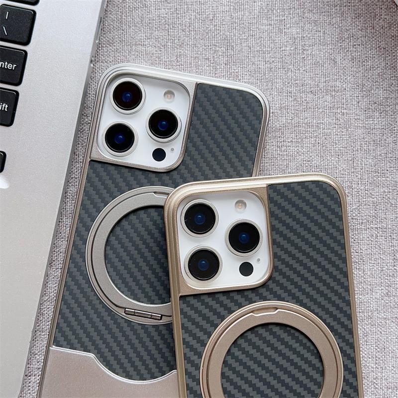 Magnetic Push-Pull 360 Rotate Bracket Metal Phone Case For iPhone 14 15 16 Pro Max Magsafe Carbon Fiber Texture Shockproof Cover