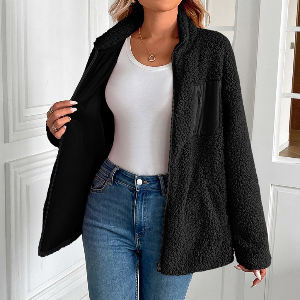 Women's Stand Collar Long Sleeve Loose Fit Elegant Sherpa Fleece Patchwork Zip Up Casual Jacket