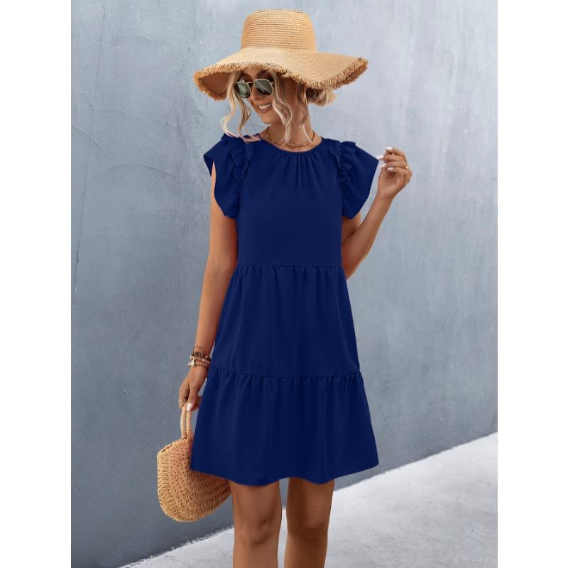 

Летнее женское повседневное платье с рюшами, новое элегантное плиссированное платье с круглым вырезом и коротким рукавом, модные платья трапециевидной формы, женское вечернее платье миди 807 XL синий