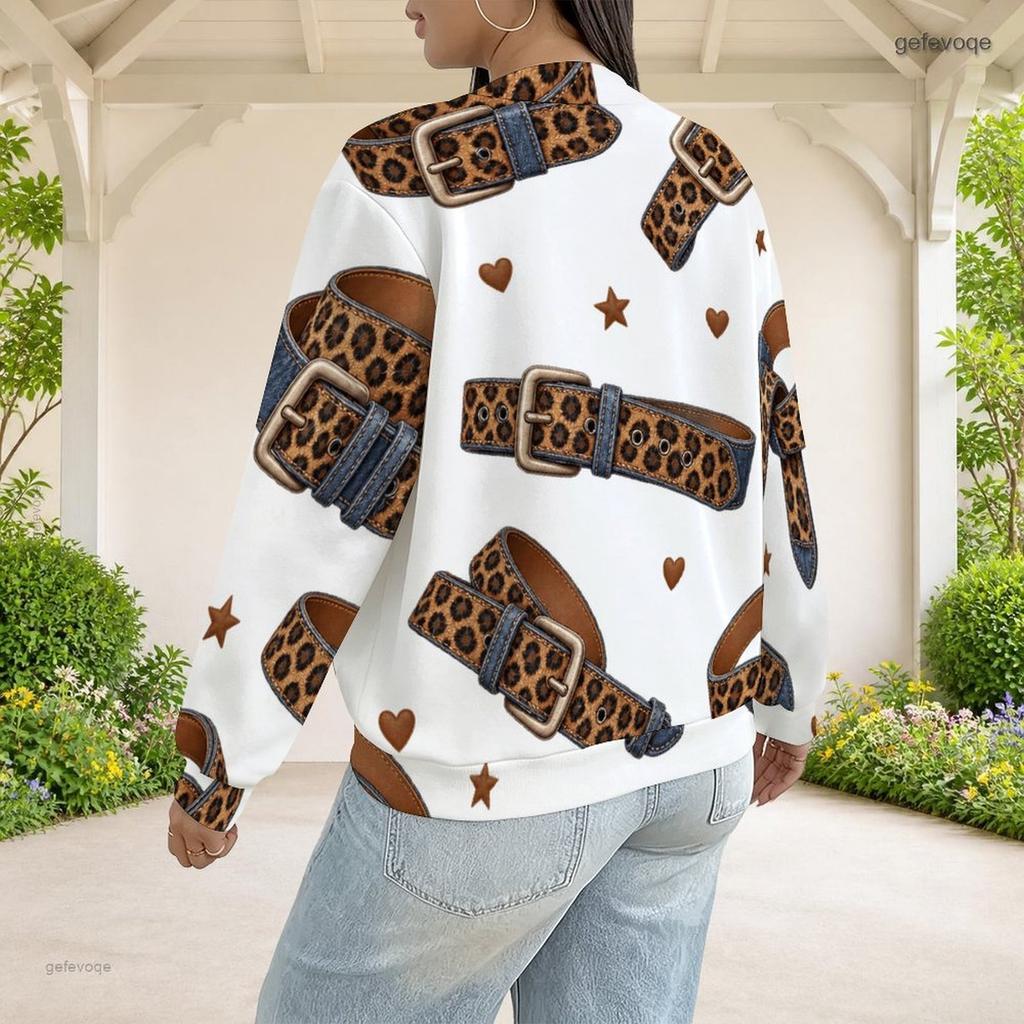 Women Plus Size White Leopard Star Heart Printed Long Sleeve Baseball Collar Jacket With Pockets