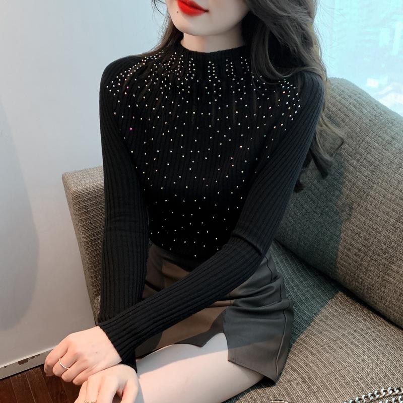 

Осенне-зимняя женская нижняя рубашка, модный свитер с полуводолазкой, вязаный свитер, тонкая нижняя рубашка, топы с длинными рукавами One Size чёрный