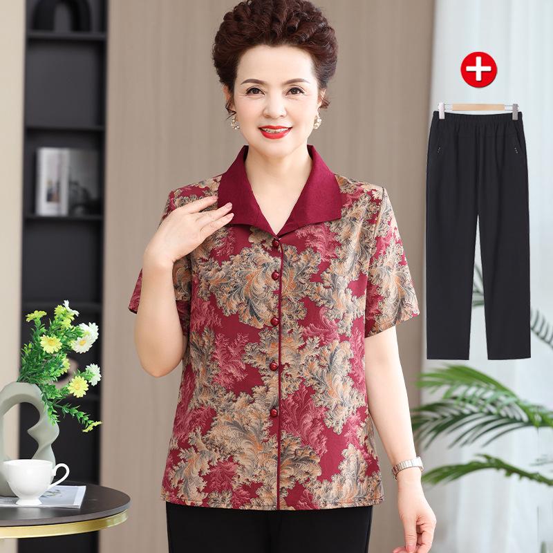 Grandma's Autumn 2025 Fashion: Long-Sleeve Shirt & Three-Quarter Sleeve Set for Middle-Aged and Elderly Women. 