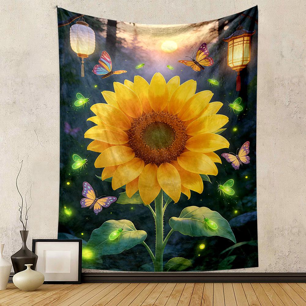 Sunflower with Butterflies and Lanterns Patterned Tapestry Home Decor, Suitable for Bedroom and Living Room, Gift