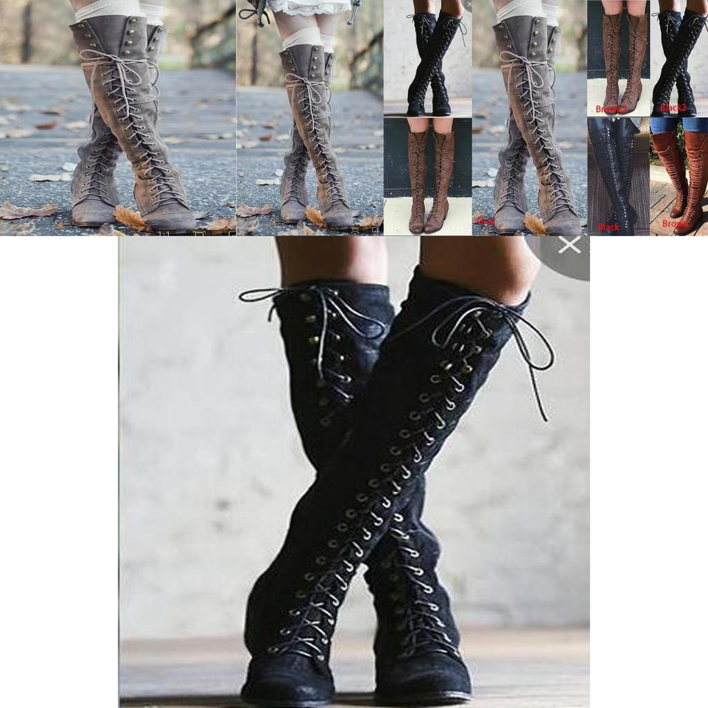 Elegant Womens Over The Knee Lace Up Bandage Thigh High Combat Low Heel Boots Flat Shoes For All-day Comfort