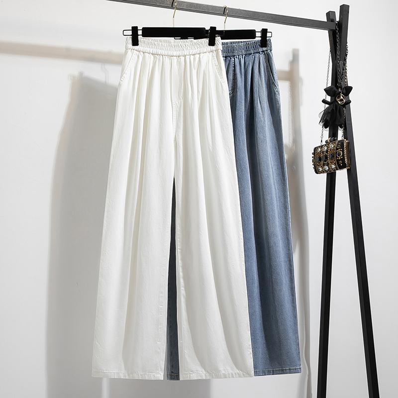 DIMANAF 2026 Sommer Neu Übergröße Damen Lange Hosen Dünn Locker Freizeit Elastischer Bund Mode Damen Unterteile Kleidung Jeans Blau