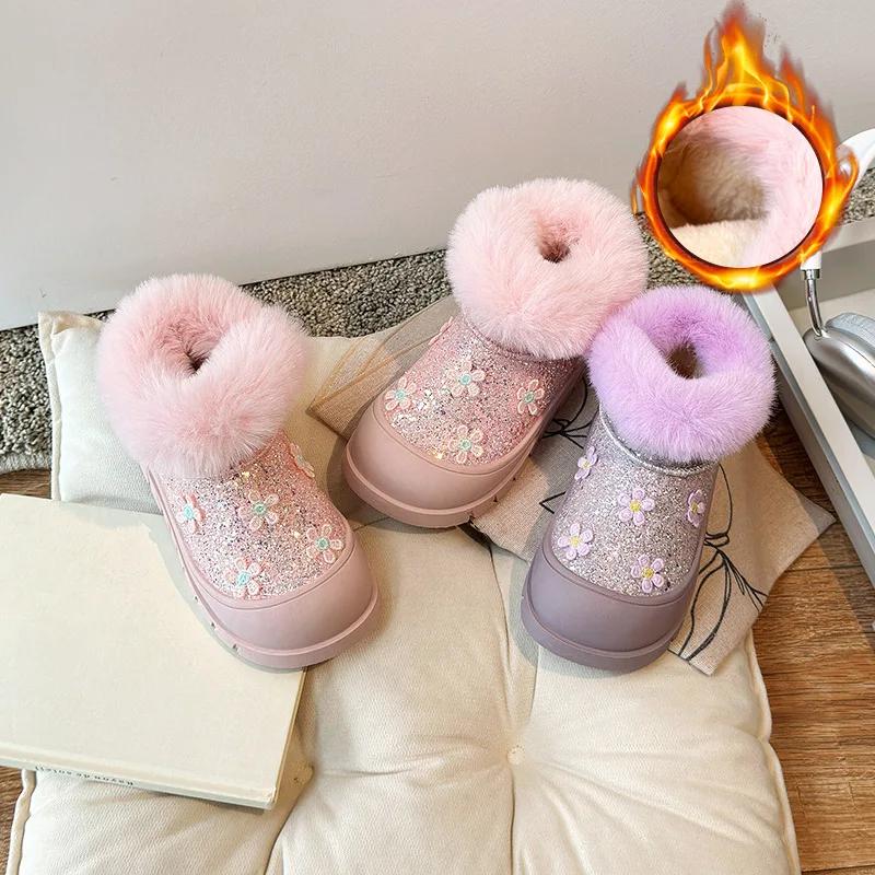 Botas de Princesa para Niñas con Pelo Botas de Nieve Dulces para Niños Puntera Redonda Antideslizantes Invierno 2024 Nueva Moda Botines Cortos para Niños con Flores