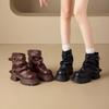 Inner height-increasing brown short boots women's autumn new thick-soled pleated stacking boots belt buckle brown trouser tube boots