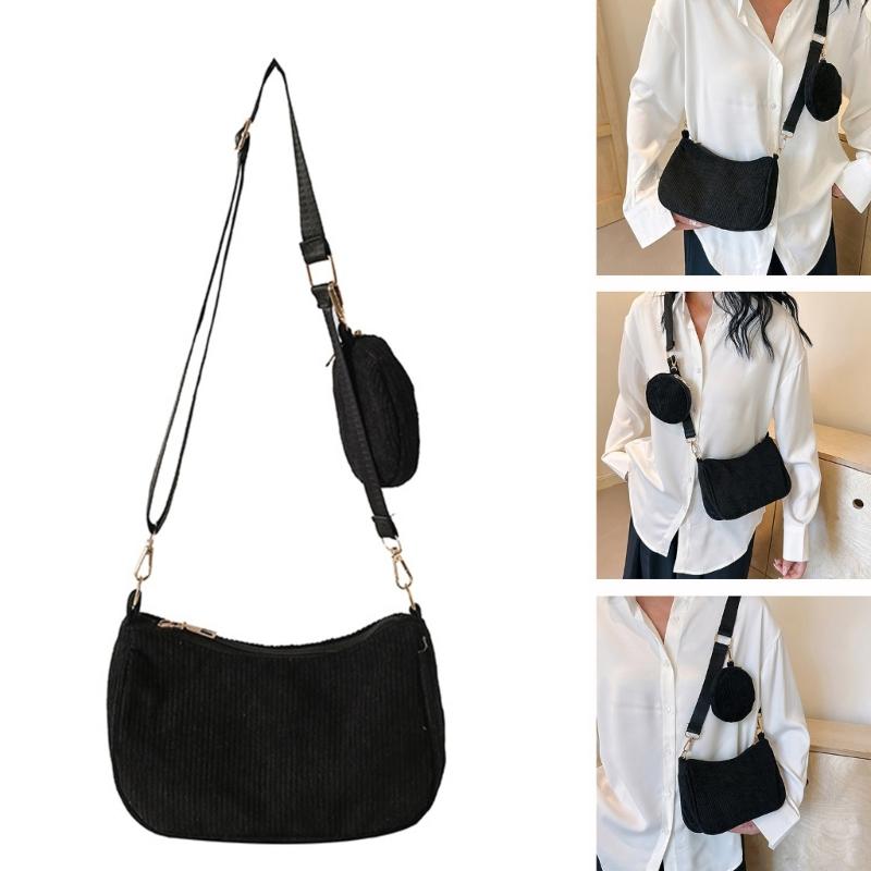 Womens Fashion Solid Color Corduroy Underarm Bag with Coin Purse Pouches Shoulder Crossbody Bag for Shopping Dating Work