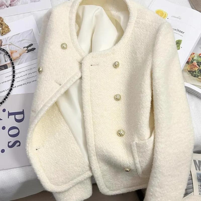 Round Neck Button Cardigan Long Sleeve Autumn and Winter Beige Thickened Warm Suit Jacket Women's Casual Top