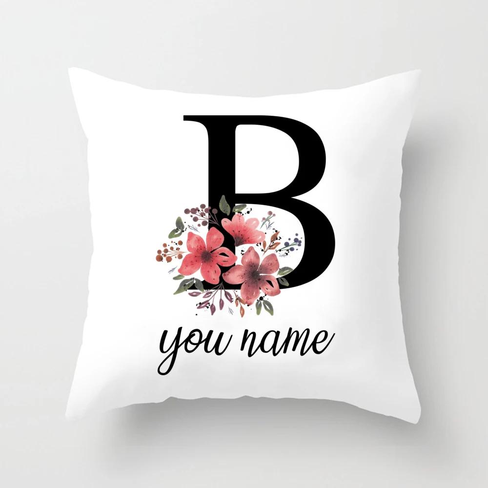 Personalized Name Flower Letter Pillow Case Alphabet Print White Square Pillow Case Dust Cover Bedroom Party Decoration