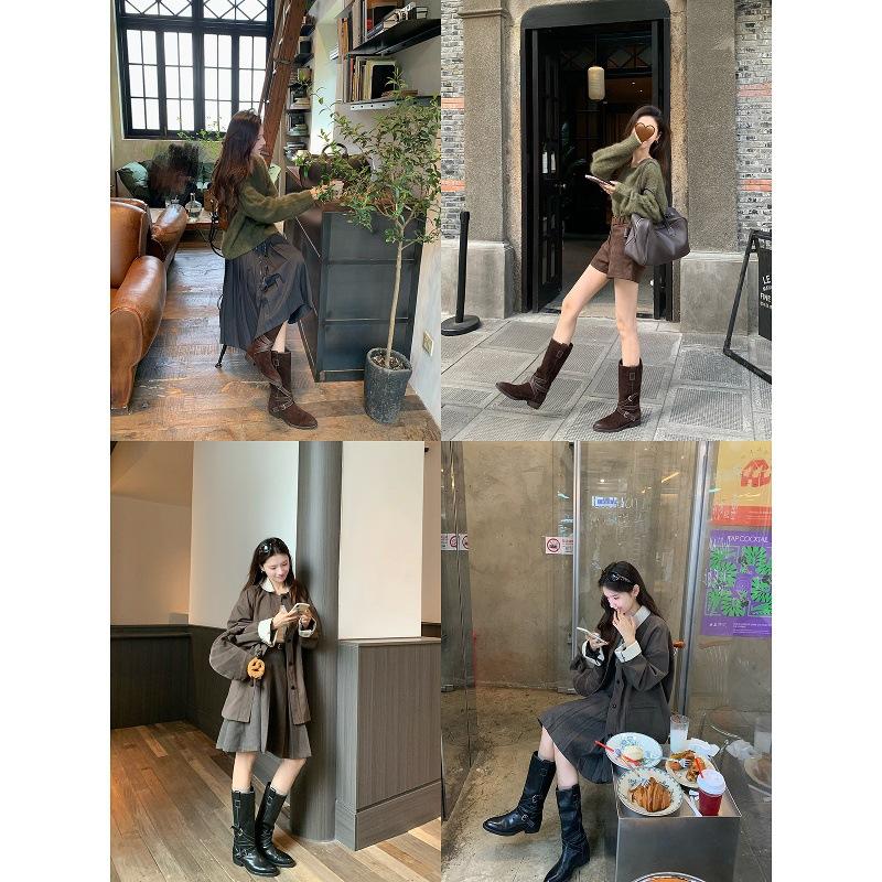 Cowhide~ grape ma same height increase 4cm round head thin boots belt buckle Kusa medium motorcycle boots knight boots