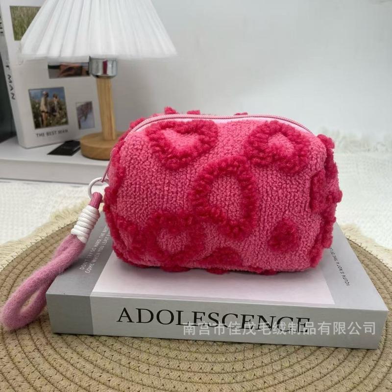 Plush Makeup Bags with Handle Soft Travel Cosmetic Storage Bag Portable Love Print Organizer Pencil Case Cute Clutch Pouch