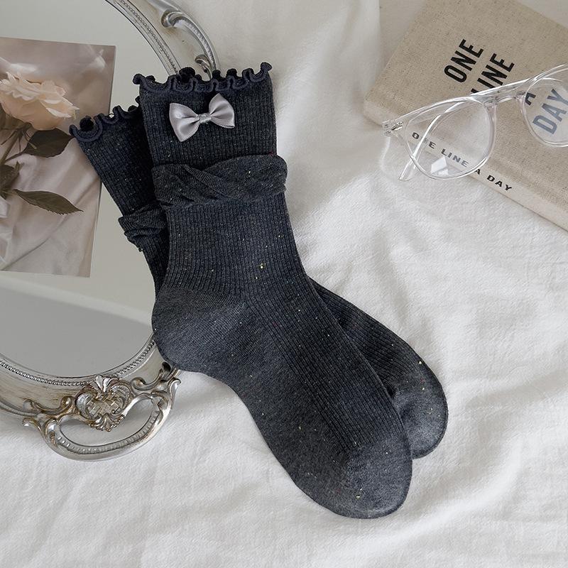 Women's Mid-Calf Bow White Socks - Spring/Summer Solid Color, Japanese Trend, Scrunched & Boneless