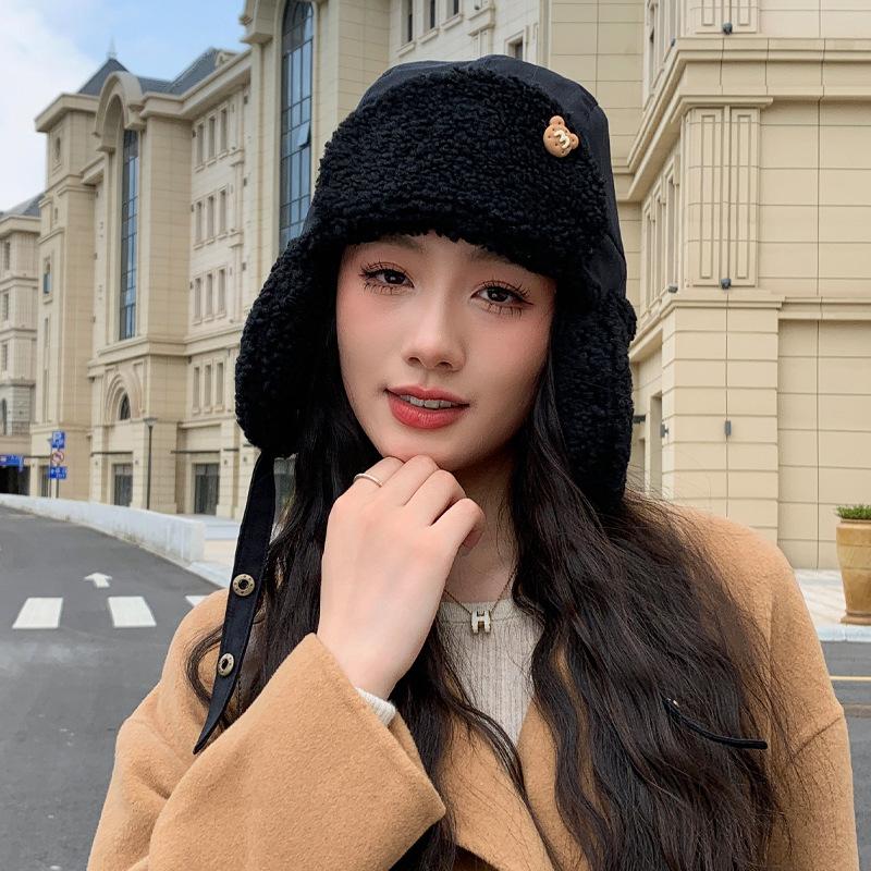 Herfst- en wintermuts dames M beer lamsvacht winter warm buiten koud beschermend oorklep dik