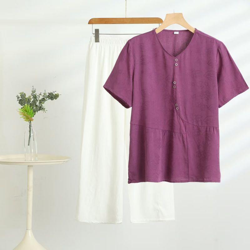 

Thin Cotton Silk Casual Suit Women s Summer T-shirt Pants Mother s Wear Plus Size Loose Middle-Aged and Elderly Twinset Outfit Purple 5XL((Recommendation 72.50 kg-82.50 kg)