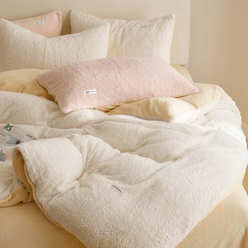 Thickened Milk Fleece Four-Piece Set, Solid Color Coral Fleece Bed Sheet Quilt Cover, Flannel Bed Three-Piece Set