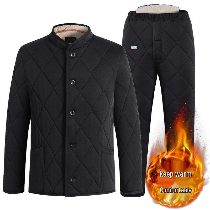 Men's Winter Cotton Jacket and Pants Set with Plus Velvet Lambswool - Warm Thickened Grandpa Style