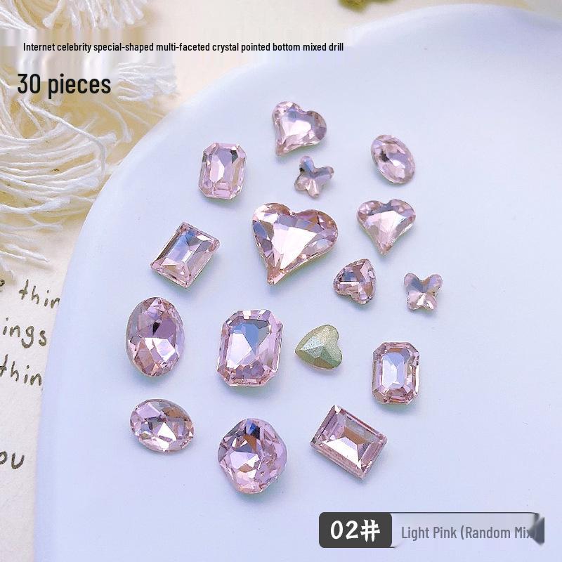 30-Piece Nail Art Crystal Rhinestones Set: Shiny Butterfly, Square, Asymmetrical Peach Heart Shapes