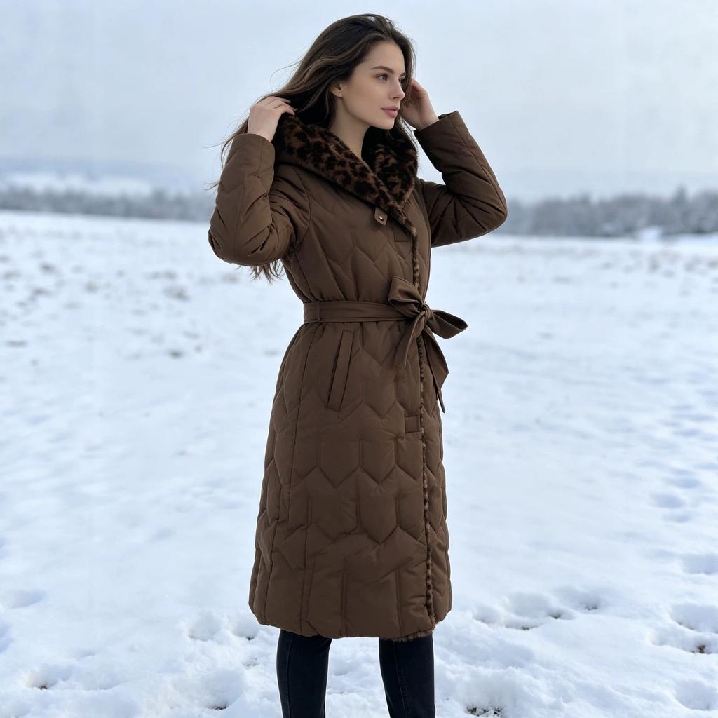 Large size fashion winter long knee leopard print hooded down cotton clothes women's thickened with loose coat