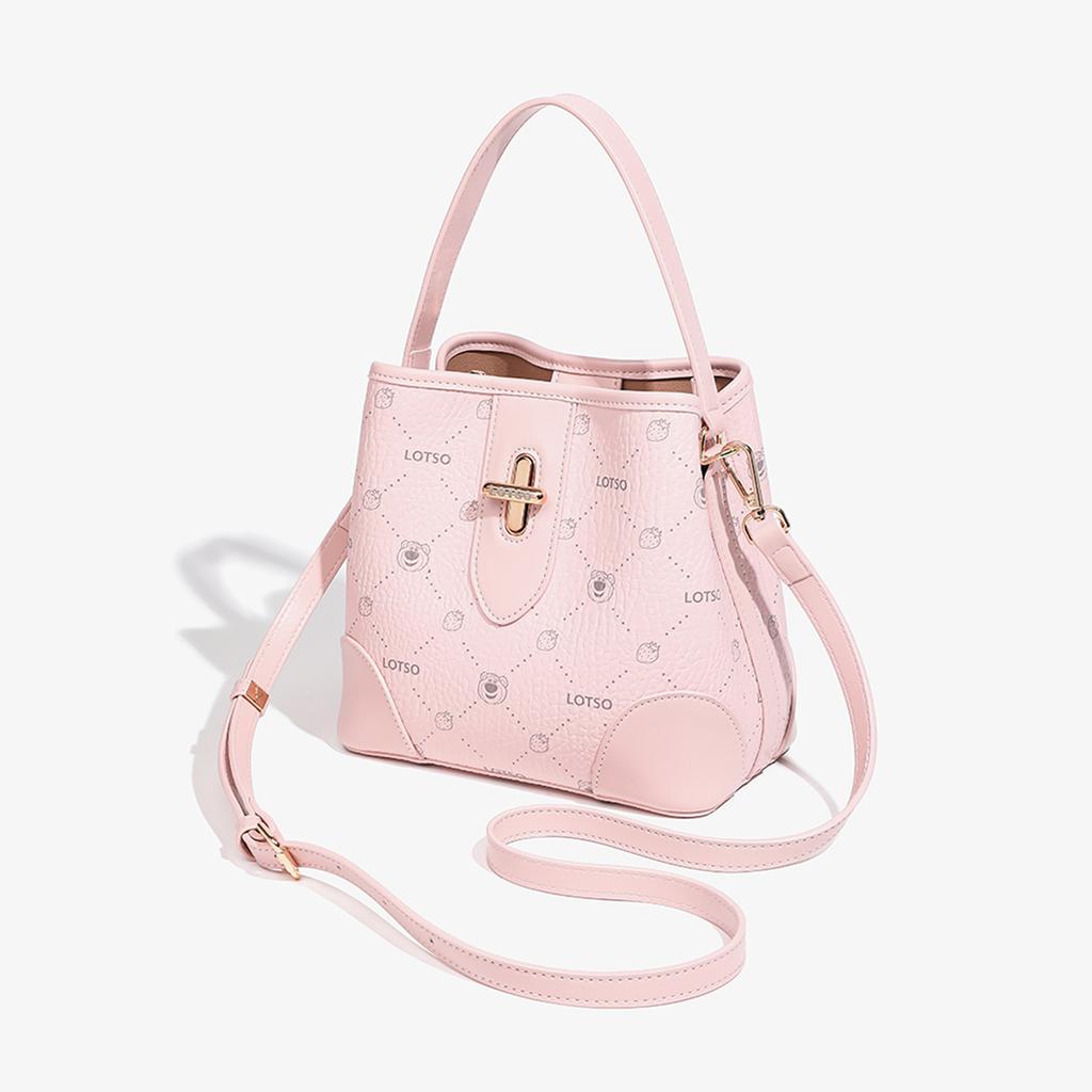 New Disney Strawberry Bear Series PVC Bucket Bag Handbag Women's Strawberry Pink/Cream White BMK-72626