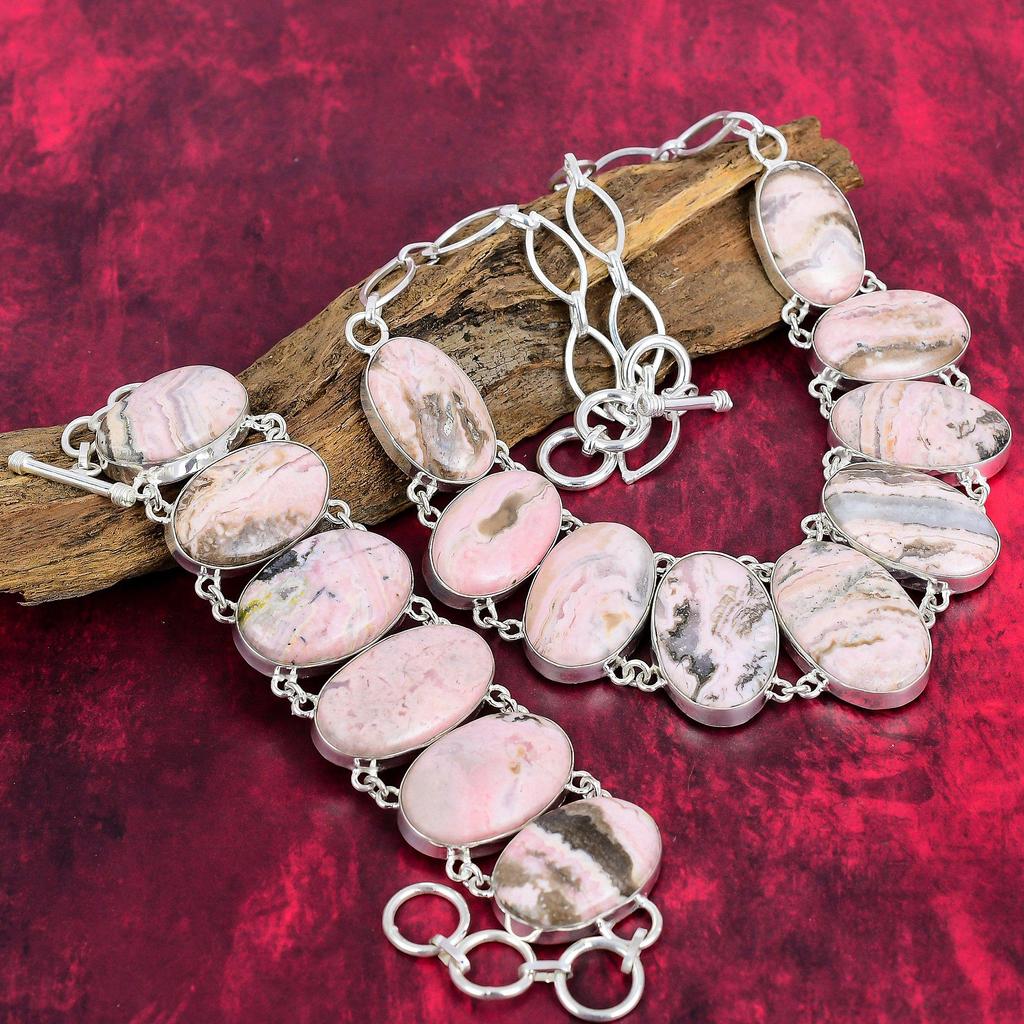 Rhodochrosite Gemstone 925 Solid Sterling Silver Jewelry Set, Necklace & Bracelet Set, Gift For Her Handmade Dainty Jewelry Set
