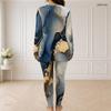 Women Plus Size Half Zip Long Sleeve Marble Print Long Top And Fitted Pants Two Piece Set