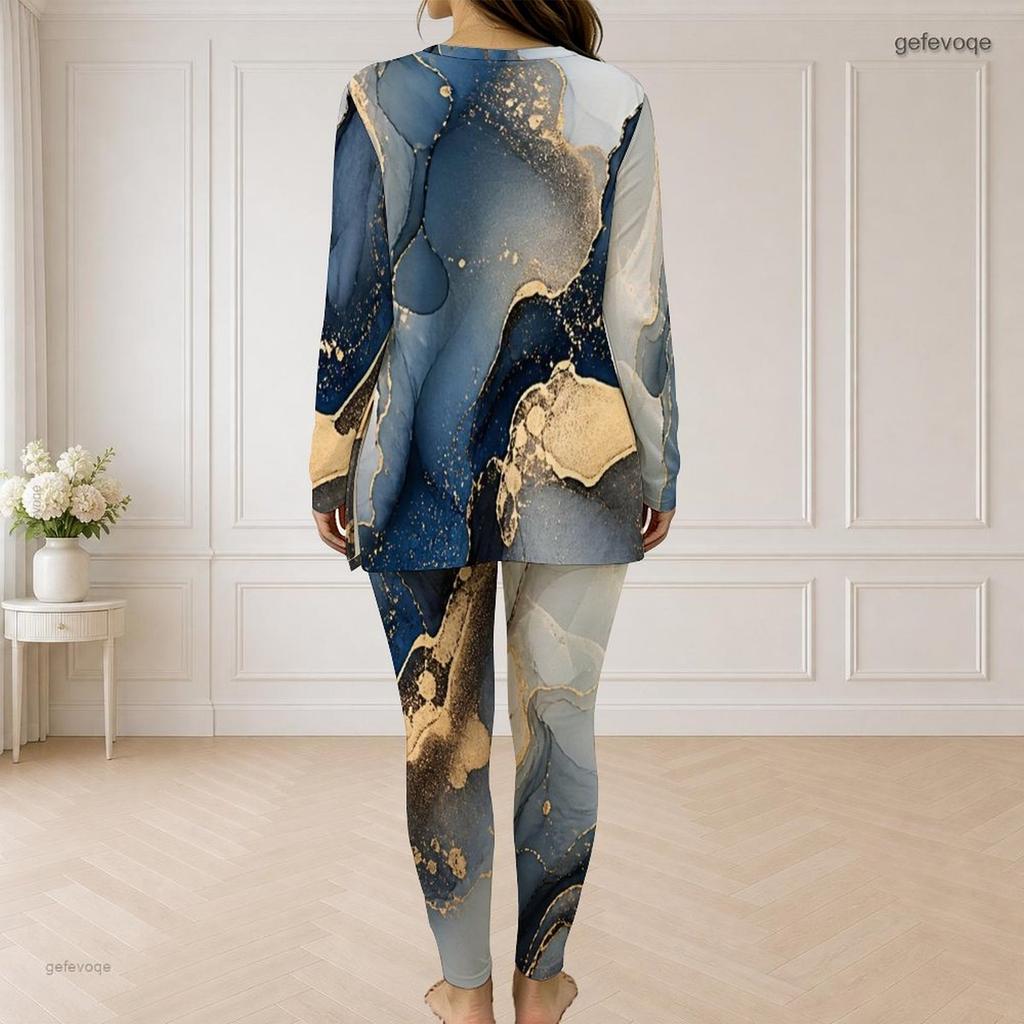 Women Plus Size Half Zip Long Sleeve Marble Print Long Top And Fitted Pants Two Piece Set