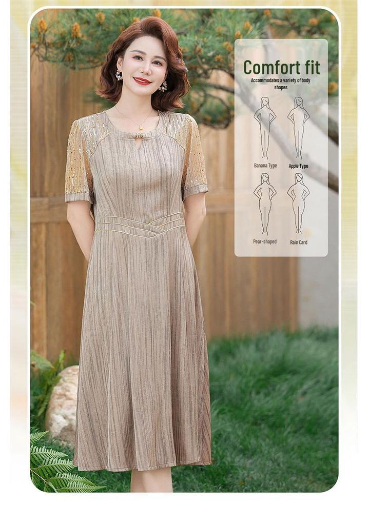 Robe élégante style chinois mi-longue pour les mondains - Nouvelle collection d'été, Luxe léger, Ceinturée à la taille, Amincissante, Jupe sous le genou.