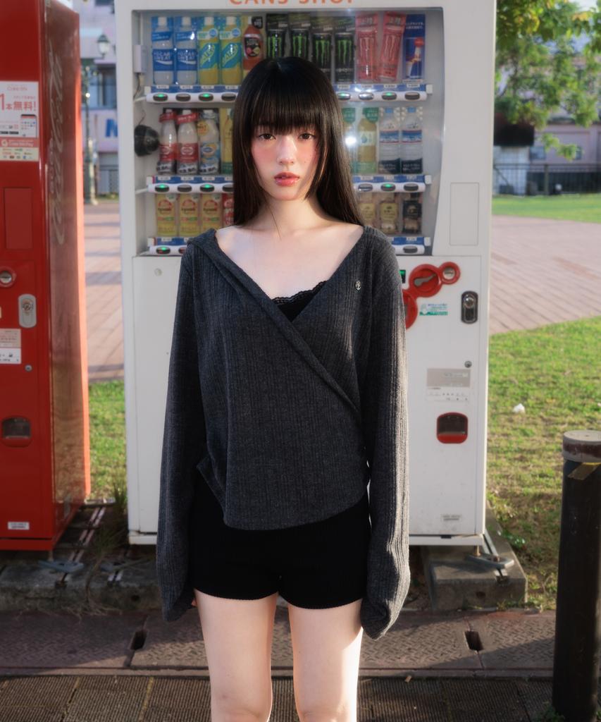 ROSEFRANTZ Wrap Shirring Hood Long Sleeve [Charcoal]