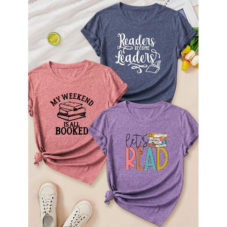 Fashionable casual weekend reading book combination with printed pattern and round neck3Short-sleeved shirt T Shirts for women in spring, summer,