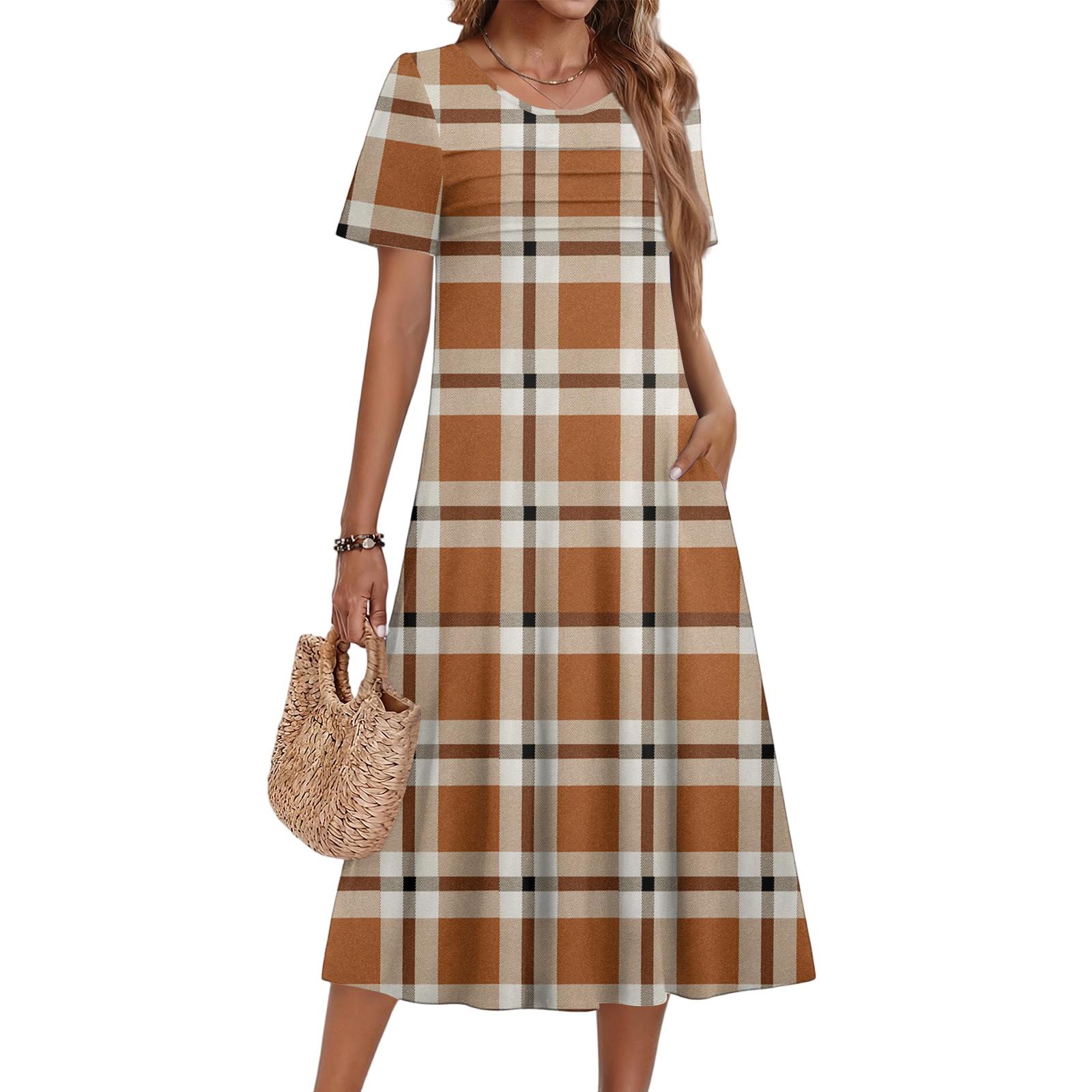 

Ladies Plaid Printed Casual And Fashionable Short Sleeved Round Neck Dress XXXL