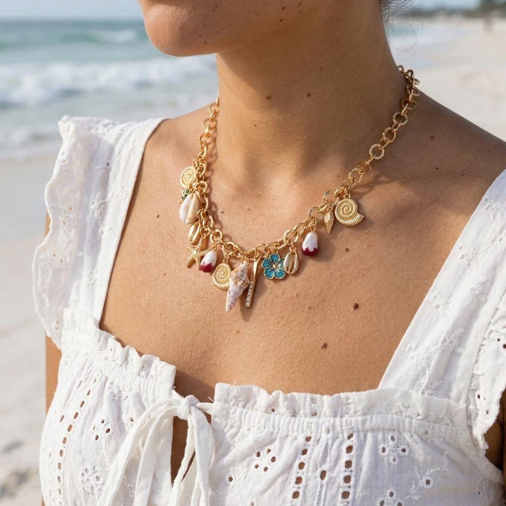 Kadınlar için Bohem Deniz Yıldızı Kabuk Salyangoz Kaplumbağa Kolye Ucu Punk Kalın Zincir Çiçek Choker Charm Yaz Tatili Takıları