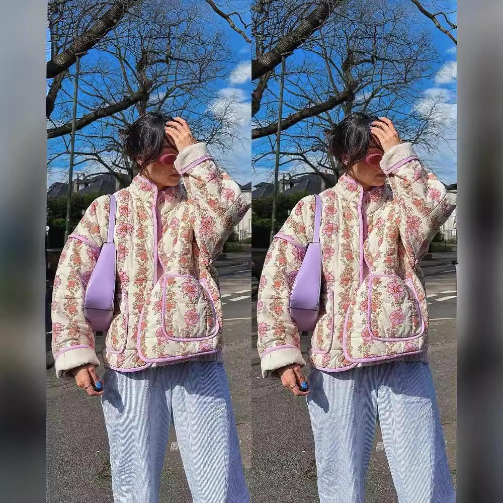 

Зимняя осенняя куртка женская с цветочным принтом женская хлопковая куртка тонкая отделка карманов кардиган хлопковое пальто женский топ L розовый