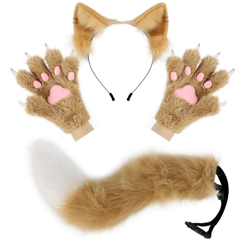 Fluffy Cat Ears Cat Long Tail Plus Cute Cat Paws Gloves Set Cosplay Costume Accessories Halloween Carnival Party Dress Up