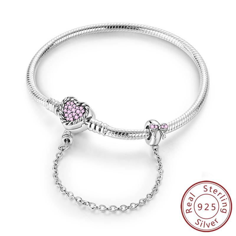 Armband Original 925 Sterling Silver Berlockarmband 17-20CM Kärlekshjärta Pave Zirkonia Armband för Kvinnor DIY Berlock Smycken Gåvor