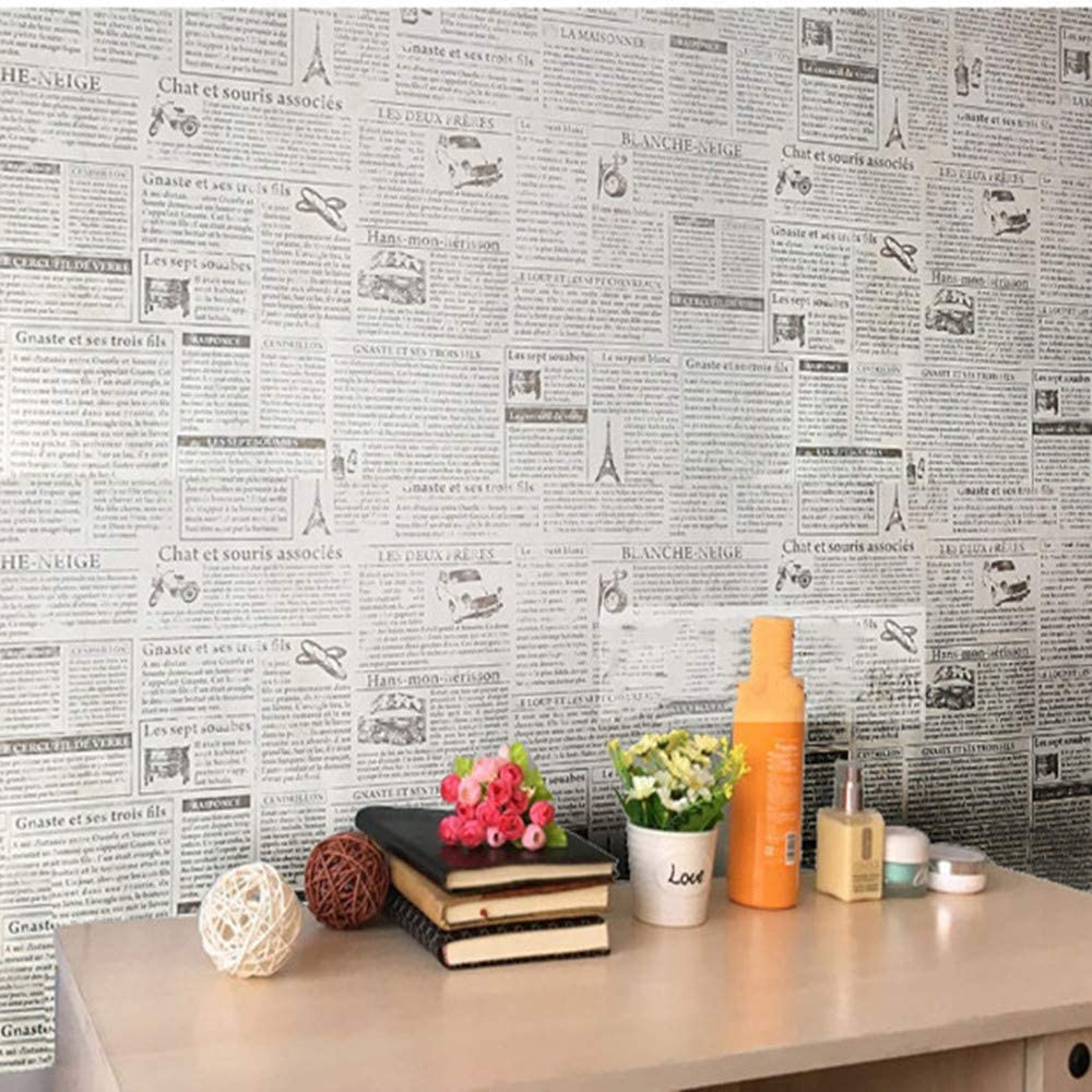 HaoHome White Vintage Newspaper Wallpaper Self Adhesive Contact Paper Waterproof Peel and Stick Wallpaper for Dormitory Decor