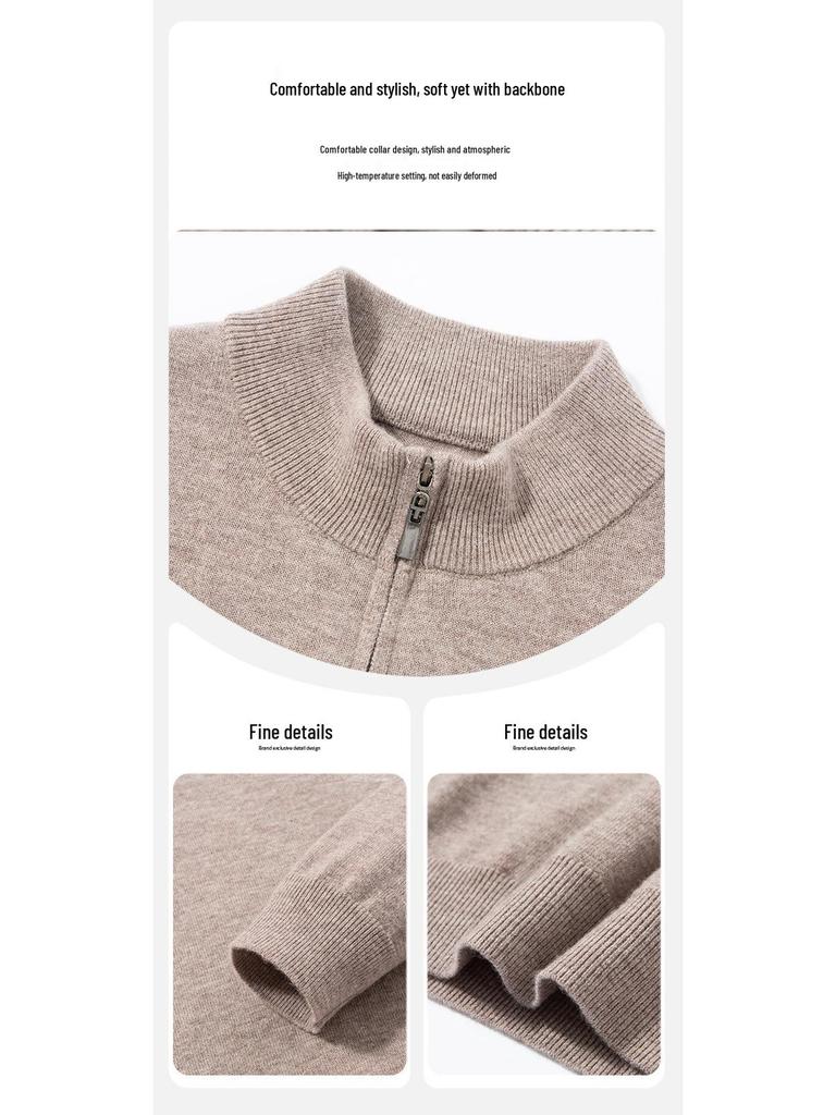Winter 2025 Men's Warm Wool Sweater, Half-High Collar, Zipper, Solid Color, Thick Knit Base Layer