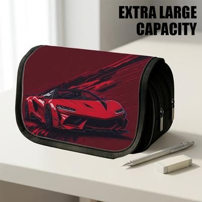 1pc Double Layer Flip Pencil Case, Red Sports Car Sketch, Large Capacity, Portable Polyester Pen Storage Bag with Zipper Closure, Ideal for School & O