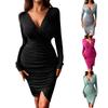 Women's Fashion Color Long Sleeve V-neck Sexy Waist Slimming Bag Hip Dress