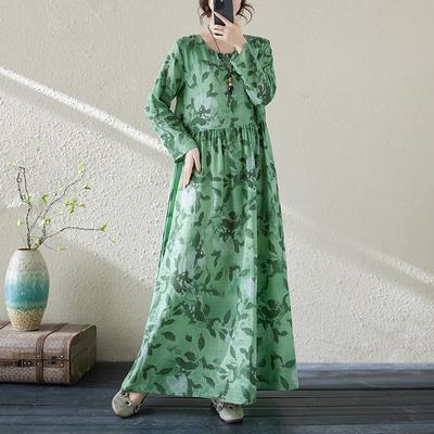 Neue Damen Rundhals Druck Langarm Kleider Mode Lässig Übergröße Langes Kleid Locker Strand Resort Stil Grüne Kleider