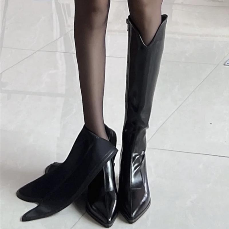 V-Cut Knee-High Boots, Chunky Heel for Petite Women - Versatile Autumn 2025 Rider Boots