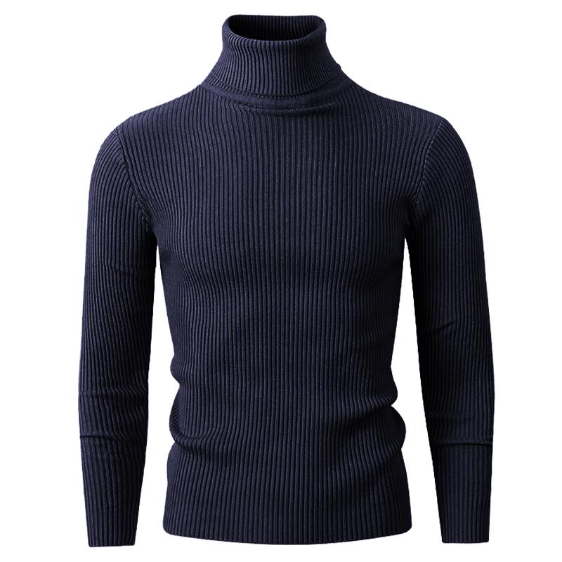 New Men's Turtleneck Knitted Sweater Long Sleeved Stripes Streetwear Autumn Oversized Black Sweaters Homme Solid Color Basic Top