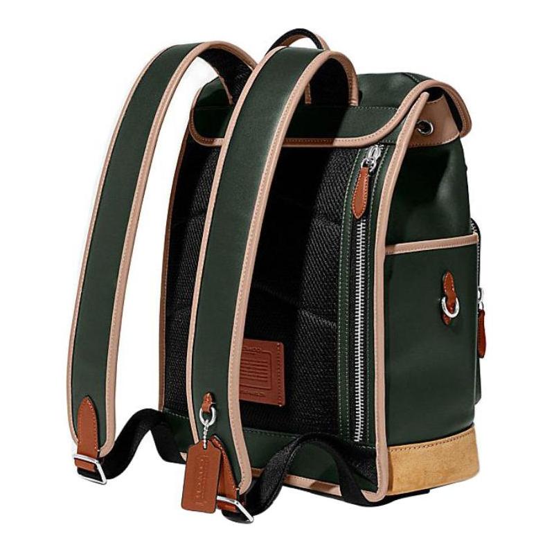 COACH League 28 drawstring and buckle closure color combination cow leather patchwork school bag backpack backpack large size women's green and beige