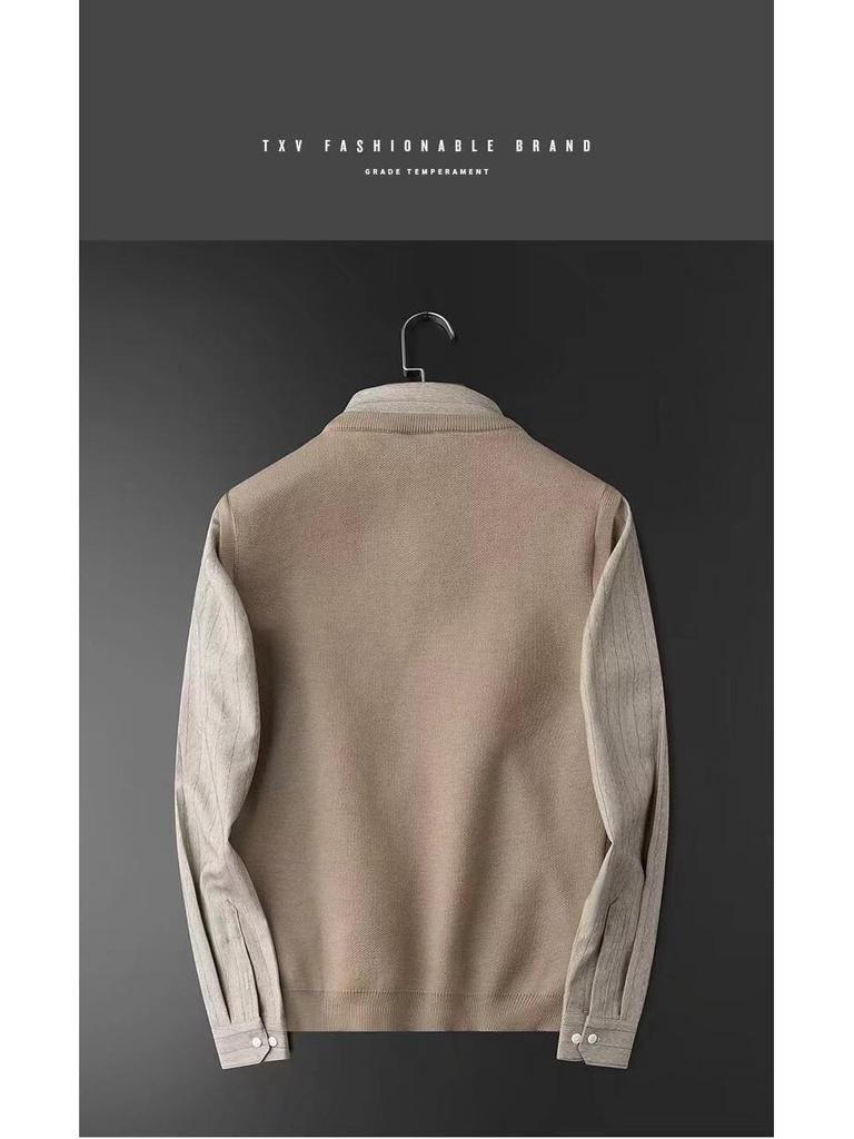 British Style Men's Knitwear: Casual Loose Patchwork Sweater with Shirt Collar, Autumn-Winter Bestseller