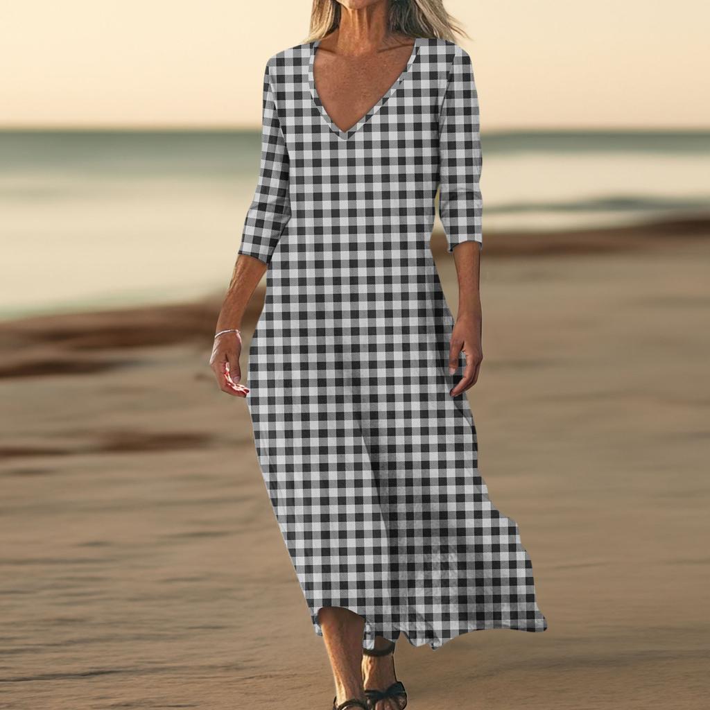 Dresses For Womens Vintage Print Tunic Waisted Midi Dress Summer Casual  3/4 Sleeve Dress